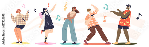People listening music in headphones using mobile player application or online streaming service