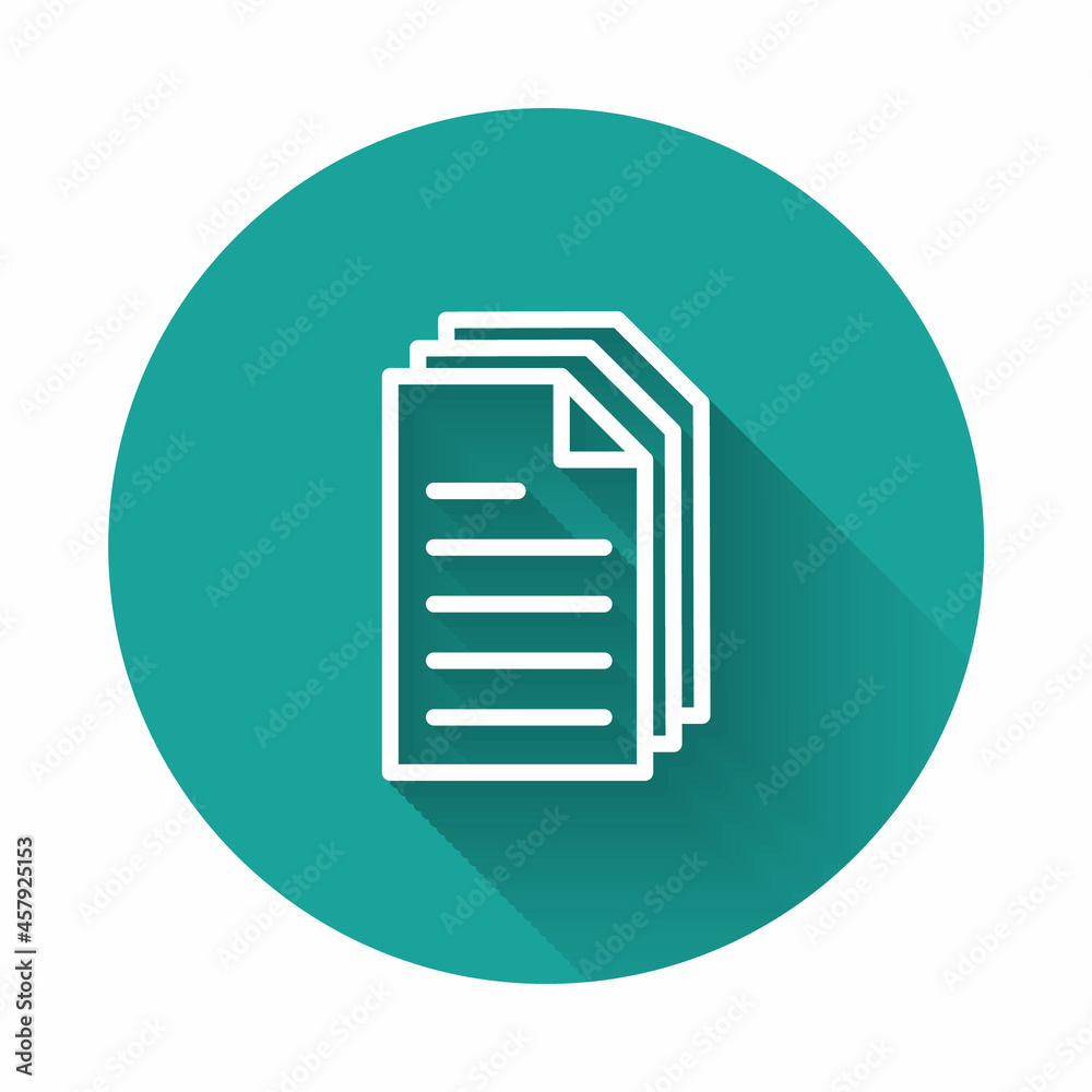 White line File document icon isolated with long shadow. Checklist icon. Business concept. Green circle button. Vector White line File document icon isolated with long shadow. Checklist icon. Business concept. Green circle button. Vector