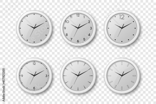 Vector 3d Realistic White Wall Office Clock Icon Set Isolated. White Dial. Design Template of Wall Clock Closeup. Mock-up for Branding, Advertise. Top, Front View