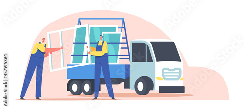 Workers Male Characters Loading Pvc Windows on Stationary Semi Truck with Glass Rack for Pane Transportation