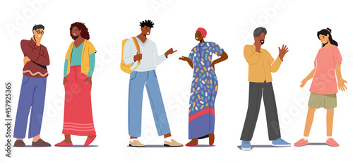 Set Multiethnic Couples Talking or Speaking. Chatting People, Multiracial Men and Women Meeting. Characters Dialogue