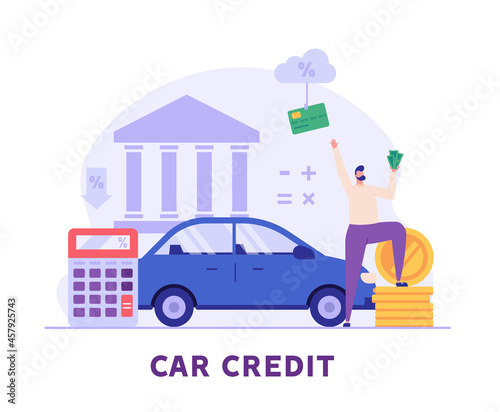Man purchases car with bank loan. Happy client buying new automobile on motor credit. Concept of auto credit, car loan, auto finance, banking products. Vector illustration in flat for web banners, UI