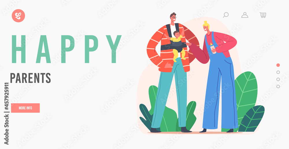 Fototapeta premium Happy Parents Landing Page Template. Young Family with Baby Mother with Milk Bottle, Father Character with Newborn Child