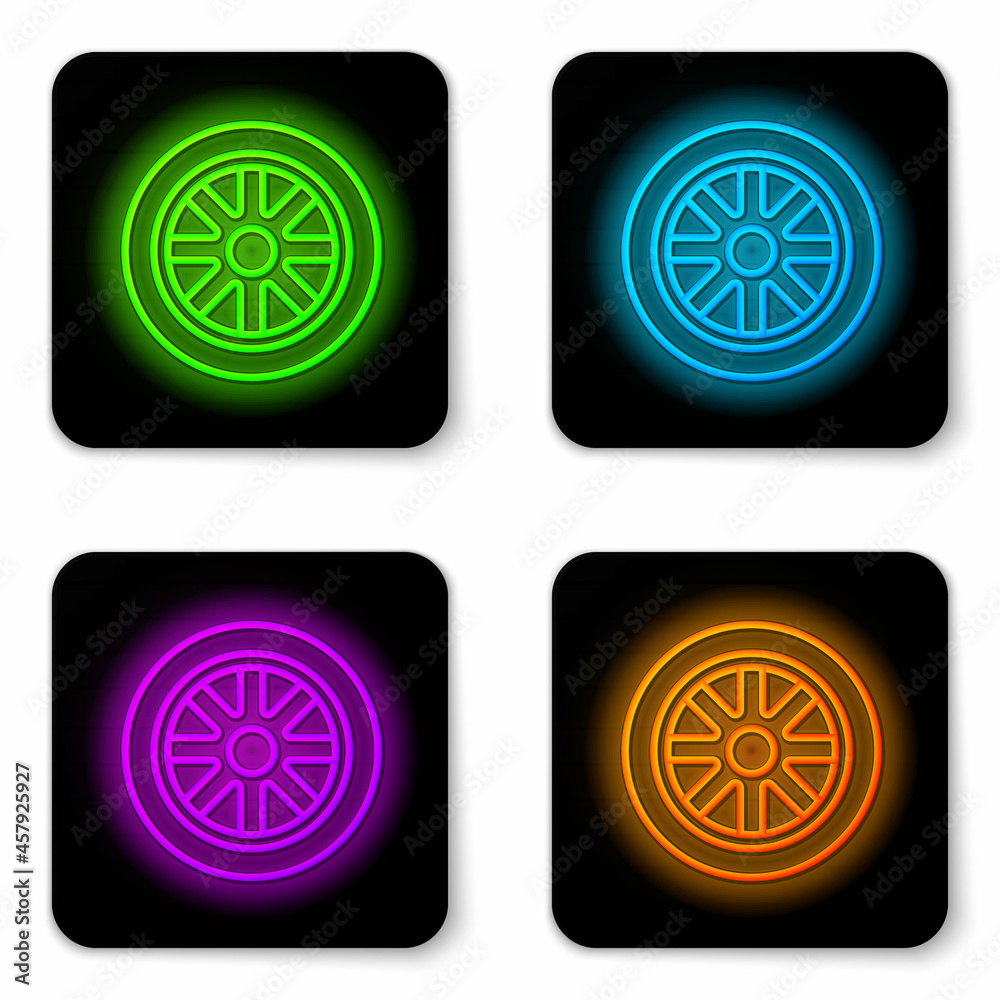 Glowing neon line Car wheel icon isolated on white background. Black square button. Vector