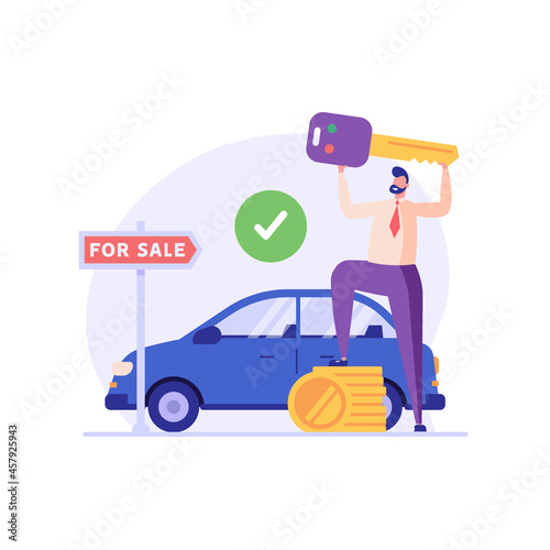 Man purchases car with new keys. Happy client buying new automobile. Vehicle rental. Concept of auto purchase, car buying, auto finance, leasing. Vector illustration in flat design for web banners, UI