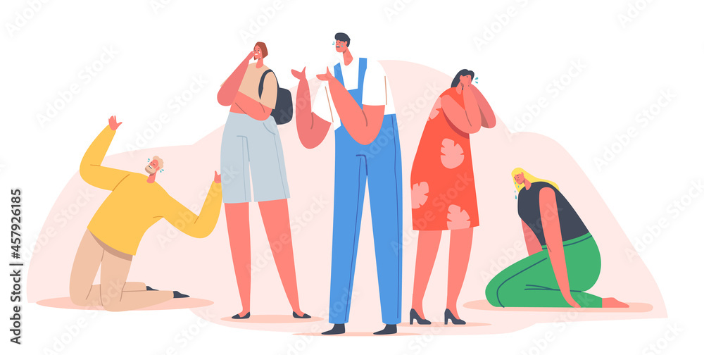 Fototapeta premium Crying People Concept. Sad Male and Female Characters Express Negative Emotions, Upset Men and Women with Tears Pouring