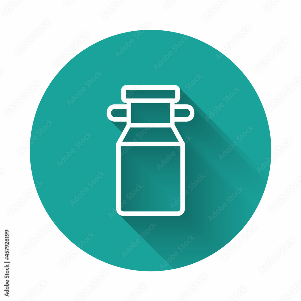 White line Can container for milk icon isolated with long shadow background. Green circle button. Vector White line Can container for milk icon isolated with long shadow background. Green circle button. Vector