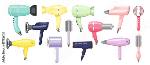 Set of Hair Driers and Electric Combs Modern Appliance for Women Beauty Care. Hairdryer and Brush Isolated on White
