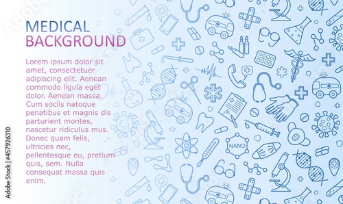 Abstract medical background with icons and symbols. Template design with the concept of healthcare, medical technology, innovative medicine, modern scientific research. Vector illustration