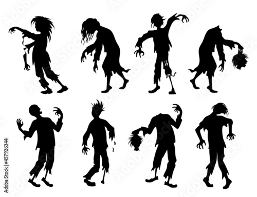 Zombie. Set of silhouettes. The walking dead, scary people raised from the dead. Full length zombies in various scary poses and headless. Isolated. Vector illustration