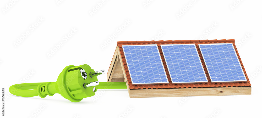 Solar panels on a roof and a green power cable with plug - obrazy, fototapety, plakaty 