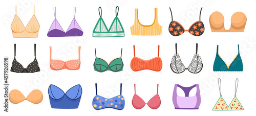 Set Bras Collection, Types of Lingerie Balconette, Strapless, Glamour Erotic Push-up. Bikini, Bandeau and Body Figure