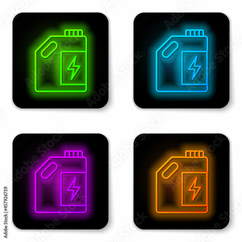 Glowing neon line Eco fuel canister icon isolated on white background. Eco bio and barrel. Green environment and recycle. Black square button. Vector