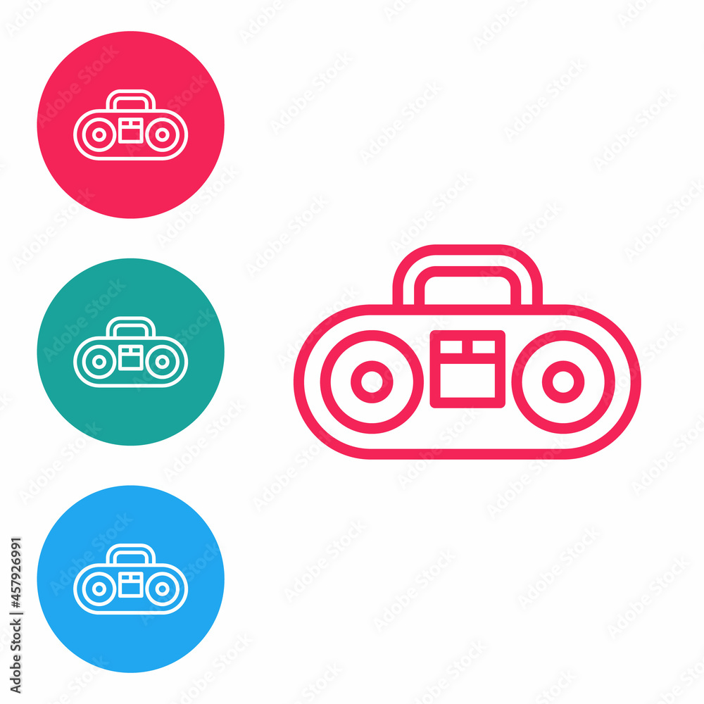Red line Home stereo with two speakers icon isolated on white background. Music system. Set icons in circle buttons. Vector Red line Home stereo with two speakers icon isolated on white background. Music system. Set icons in circle buttons. Vector