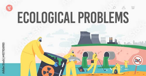 Ecological Problem Landing Page Template. Ocean Oil Pollution, Characters in Protective Suits and Masks Cleaning Beach