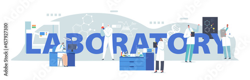 Scientific Laboratory Research Concept. Scientists Characters Working in Lab with Dna, Look through Microscope, Medicine