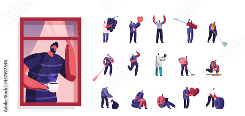 Set of Male Characters Drink Coffee at Window, Holding Huge Grapes, Screwdriver and Heart. Man Garage Worker, Doctor