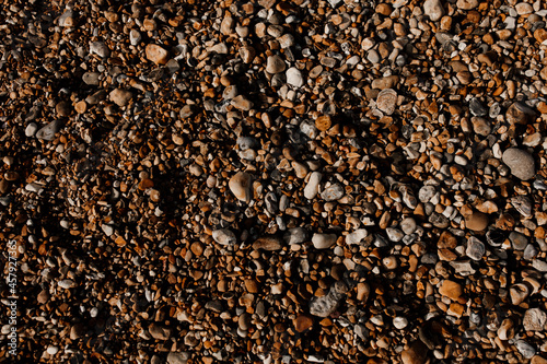 Small stone gravel texture for background. Wet seashore still life with variable size shingle. Lots of details, flat lay, top view image.
