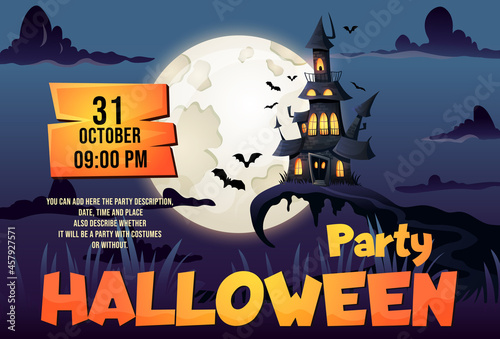 Halloween vertical flyer template  haunted house  dark castle and full moon background. Flyer or invitation mockup for Halloween party  date and time. Vector cartoon illustration game style