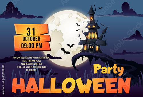 Halloween vertical flyer template, haunted house, dark castle and full moon background. Flyer or invitation mockup for Halloween party, date and time. Vector cartoon illustration game style