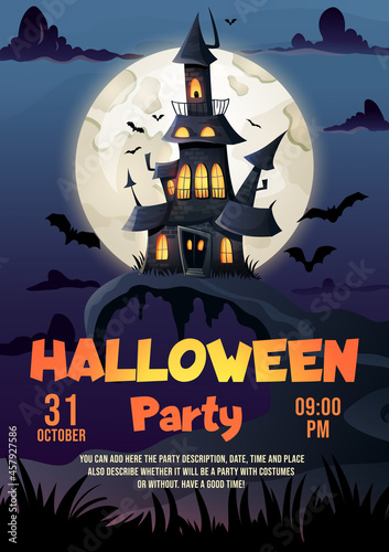 Halloween vertical flyer template, haunted house, dark castle and full moon background. Flyer or invitation mockup for Halloween party, date and time. Vector cartoon illustration game style