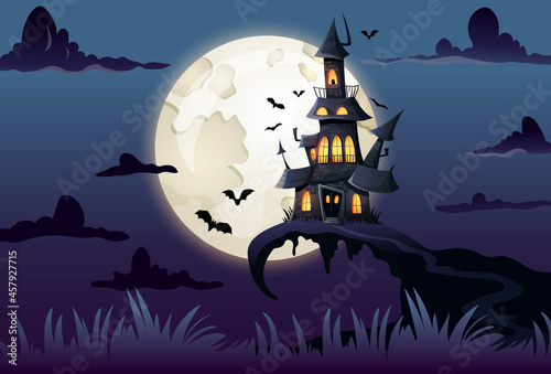 Halloween landscape with spooky haunted castle and full moon background with bats. Vector cartoon illustration.
