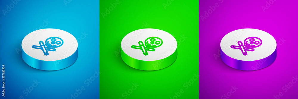 Isometric line Bones and skull as a sign of toxicity warning icon isolated on blue, green and purple background. White circle button. Vector Isometric line Bones and skull as a sign of toxicity warning icon isolated on blue, green and purple background. White circle button. Vector