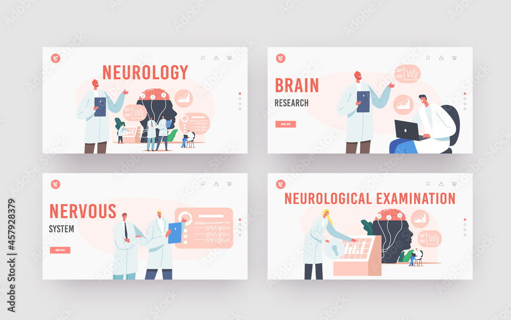 Neurology Landing Page Template Set. Doctor Neurologist, Neuroscientist, Physicians Study Brain Connected to Display