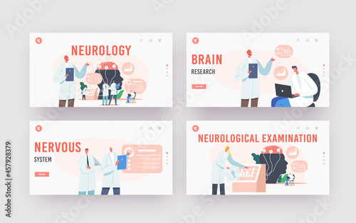 Neurology Landing Page Template Set. Doctor Neurologist, Neuroscientist, Physicians Study Brain Connected to Display