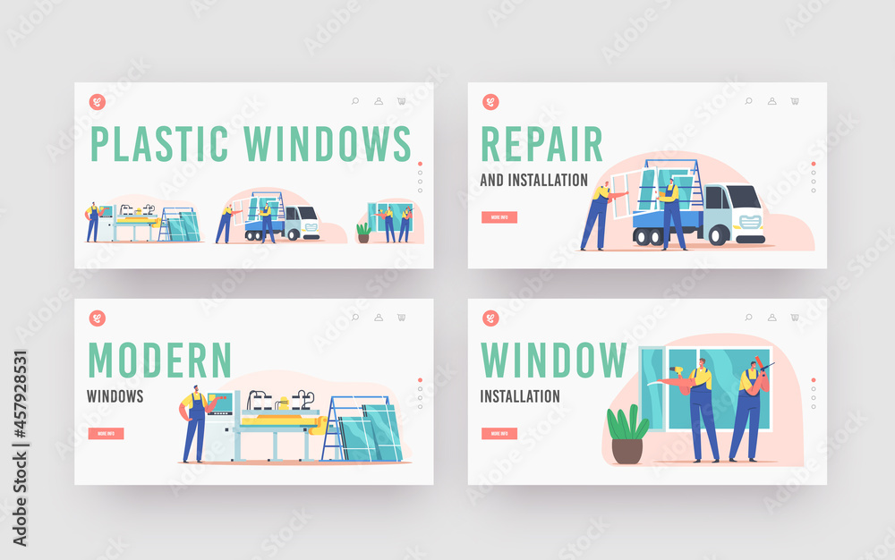 Plastic Windows Landing Page Template Set. Pvc Glass Producing, Delivery, Installation. Worker Characters Installing