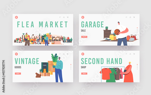 Flea Market Landing Page Template Set. Characters Shopping Antique Things. Garage Sale, Outdoor Retro Bazaar