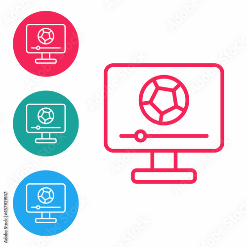 Red line Football soccer match on TV icon isolated on white background. Football online concept. Set icons in circle buttons. Vector