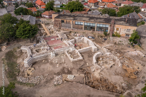 Aerial view of newly excavated and partially restored royal palace and church ruins in Abasar Heves county in the Matra mountains Hungary photo
