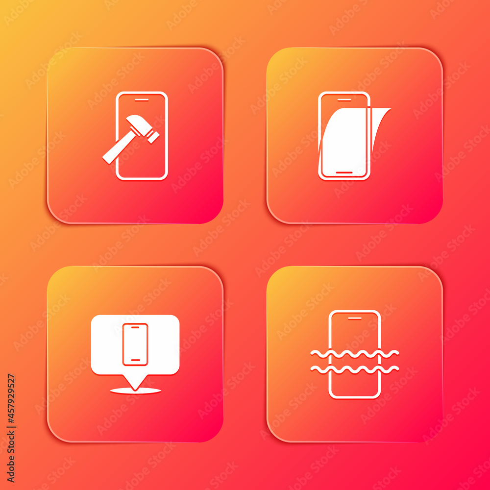 Set Mobile with broken screen, Glass protector, Phone repair service and Waterproof phone icon. Vector Set Mobile with broken screen, Glass protector, Phone repair service and Waterproof phone icon. Vector