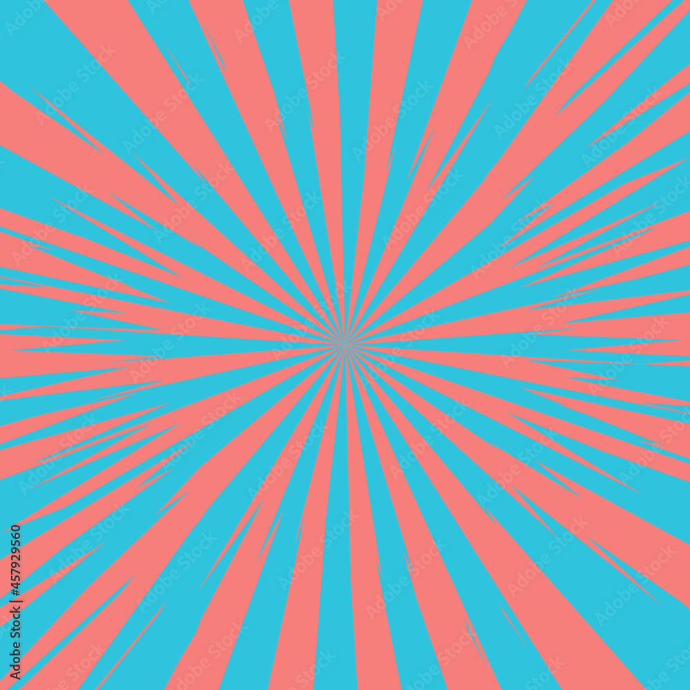 Obraz premium Pop art radial colorful comics book magazine cover. Striped blue and pink digital background. Cartoon funny retro pattern strip mock up. Vector halftone illustration. Sunburst, starburst shape