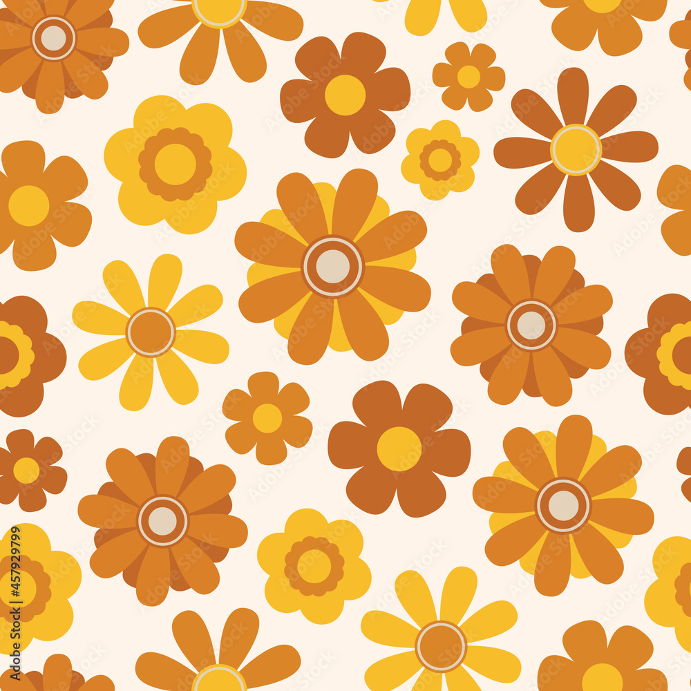 70s and 60s orange and yellow floral seamless vector pattern. Groovy, funky, vintage retro seventies and sixties style flower design. 1970s themed repeat background wallpaper texture print. 