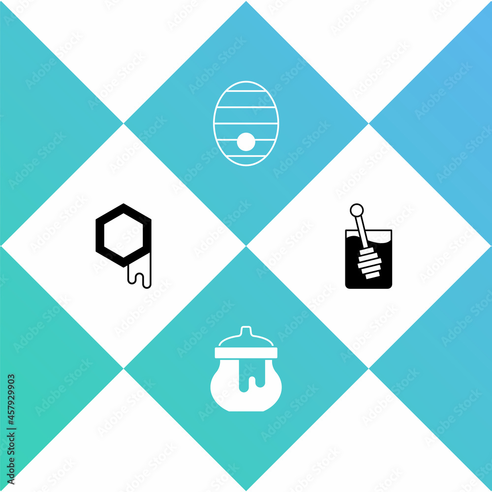 Set Honeycomb, Jar of honey, Hive for bees and dipper stick icon. Vector Set Honeycomb, Jar of honey, Hive for bees and dipper stick icon. Vector