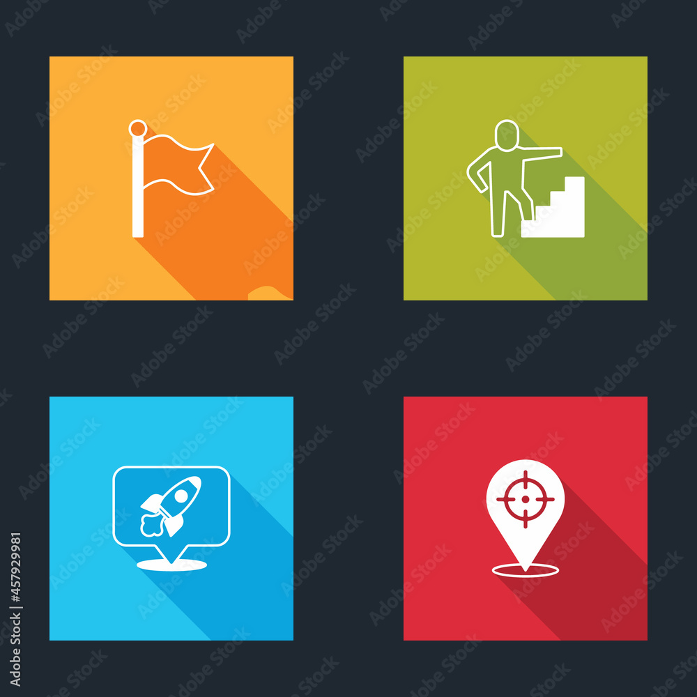 Set Flag, Stair with finish flag, Rocket ship and Target icon. Vector Set Flag, Stair with finish flag, Rocket ship and Target icon. Vector