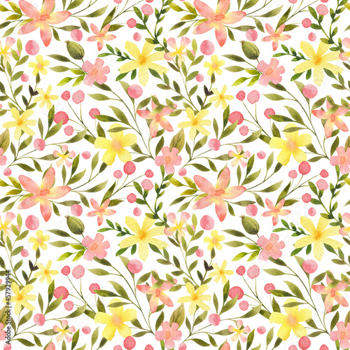 Fototapeta Naklejka Na Ścianę i Meble -  Watercolor floral seamless pattern. Hand drawn delicate botanical repeat print. Flowers and leaves vintage design. Cute background for textile, fabric, apparel, wrapping paper, packaging, wallpaper.