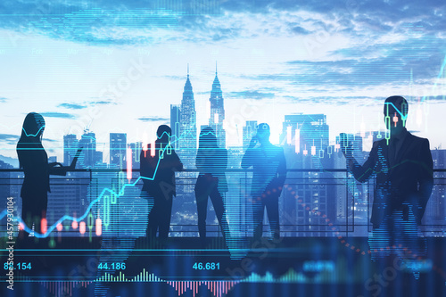 Crowd of businessmen on abstract city background with forex chart and devices. Communication, trade and money growth concept. Double exposure.