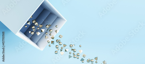 Abstract round and triangular silver particles falling out of box on panoramic blue background with mock up place. Celebration concept. 3D Rendering. © Who is Danny