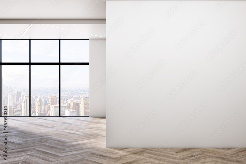 Modern empty concrete room interior with blank mock up place on wall, windows, city view, sunlight, wooden flooring and shadows. 3D Rendering. Modern empty concrete room interior with blank mock up place on wall, windows, city view, sunlight, wooden flooring and shadows. 3D Rendering.