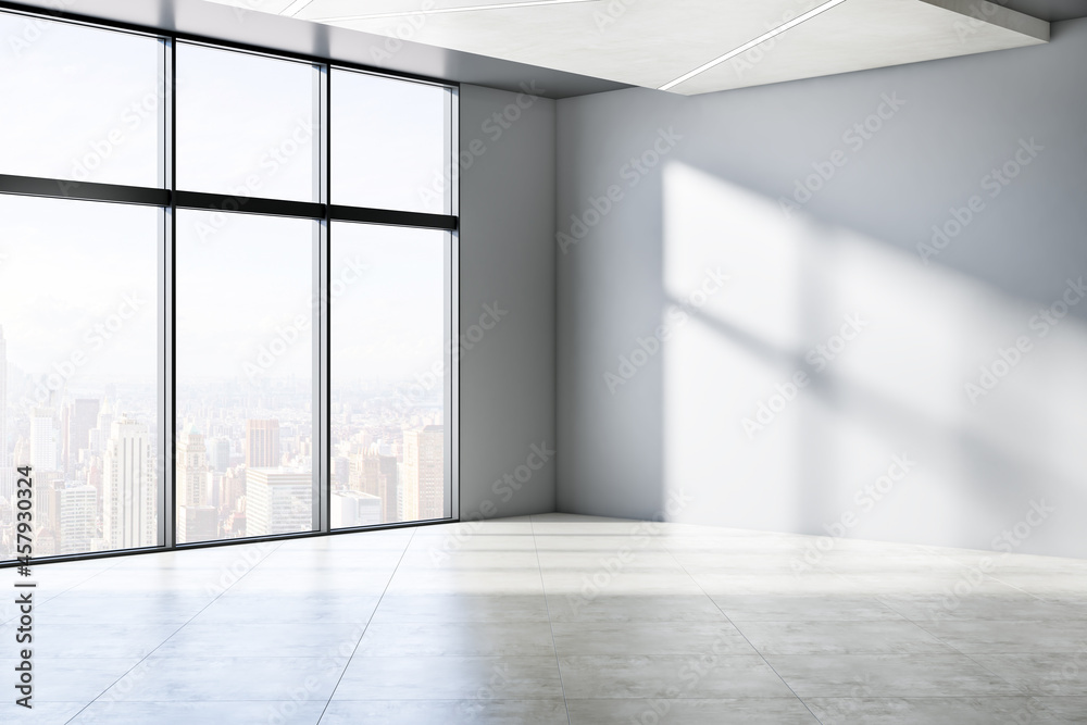 Simple empty concrete room interior with windows, city view, sunlight and shadows. 3D Rendering.