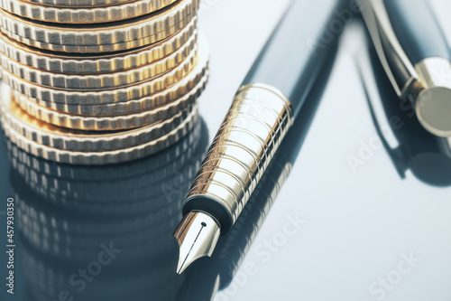 Close up of luxury classic pen and stacked golden coins on gray background with reflections. Finance and accounting concept. 3D Rendering.