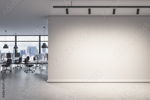 Blank wall with mock up place in modern office interior with window and city view. 3D Rendering.