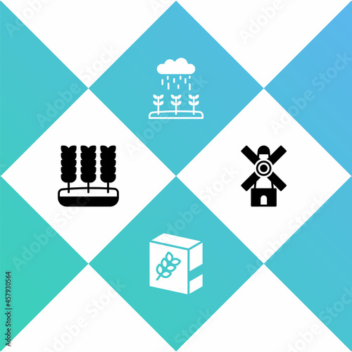 Set Wheat, Flour pack, Plant sprouts grow in the rain and Windmill icon. Vector