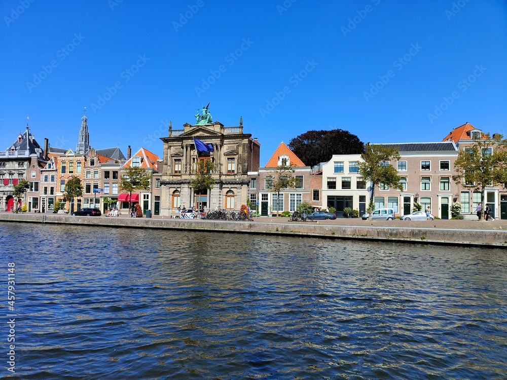 Haarlem, Amsterdam, Netherlands - September 2021 - Water channel in the city center of Haarlem