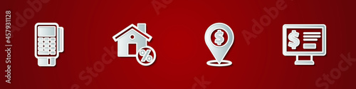 Set POS terminal with credit card, House percant discount, Cash location and Monitor dollar icon. Vector