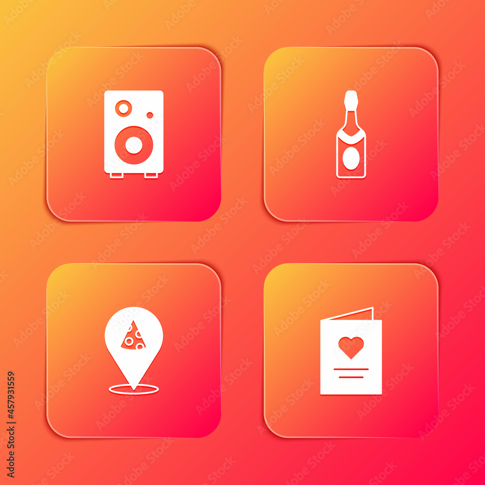 Set Stereo speaker, Champagne bottle, Slice of pizza and Postcard with heart icon. Vector