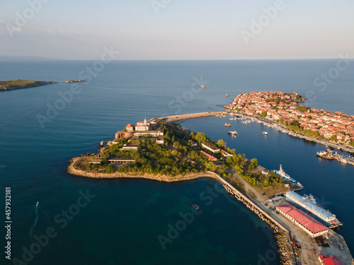 Aerial sunset view of old town and port of Sozopol, Bulgaria